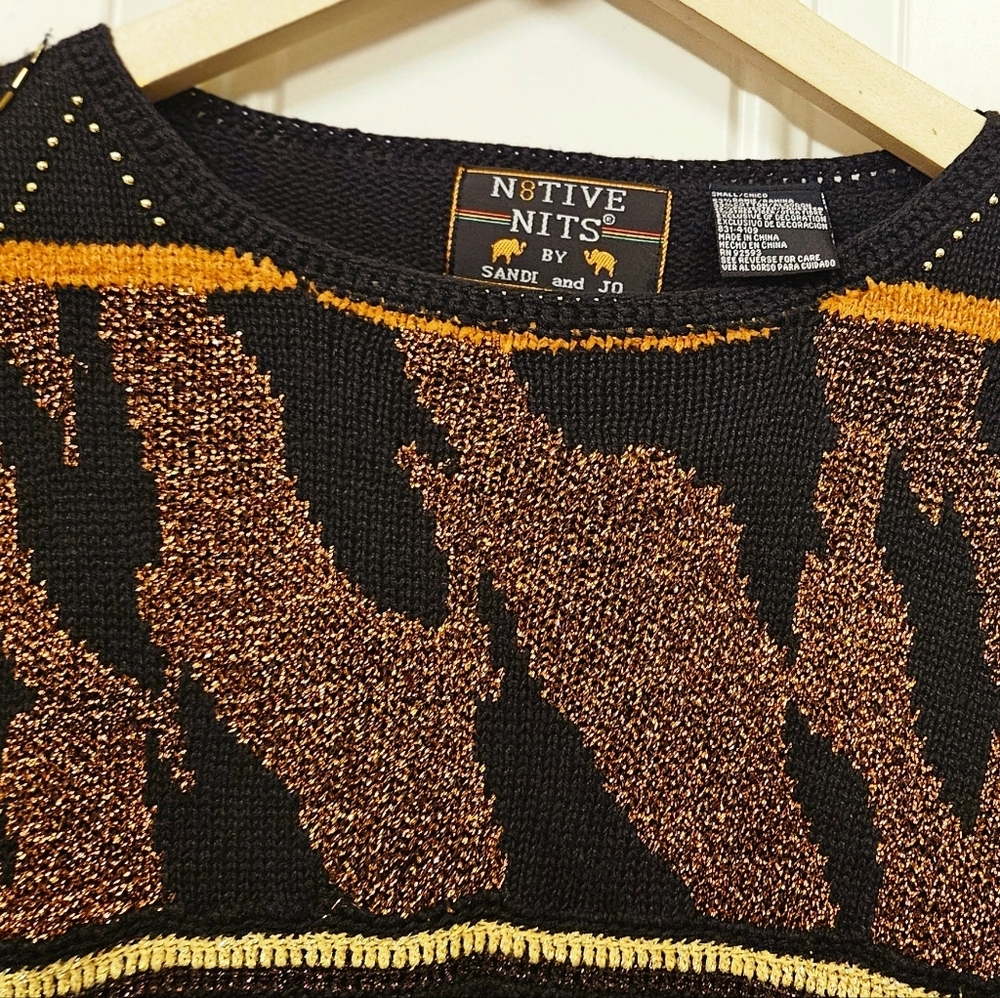 Womens Black Bronze Beaded Pullover Metallic Sweater Size S